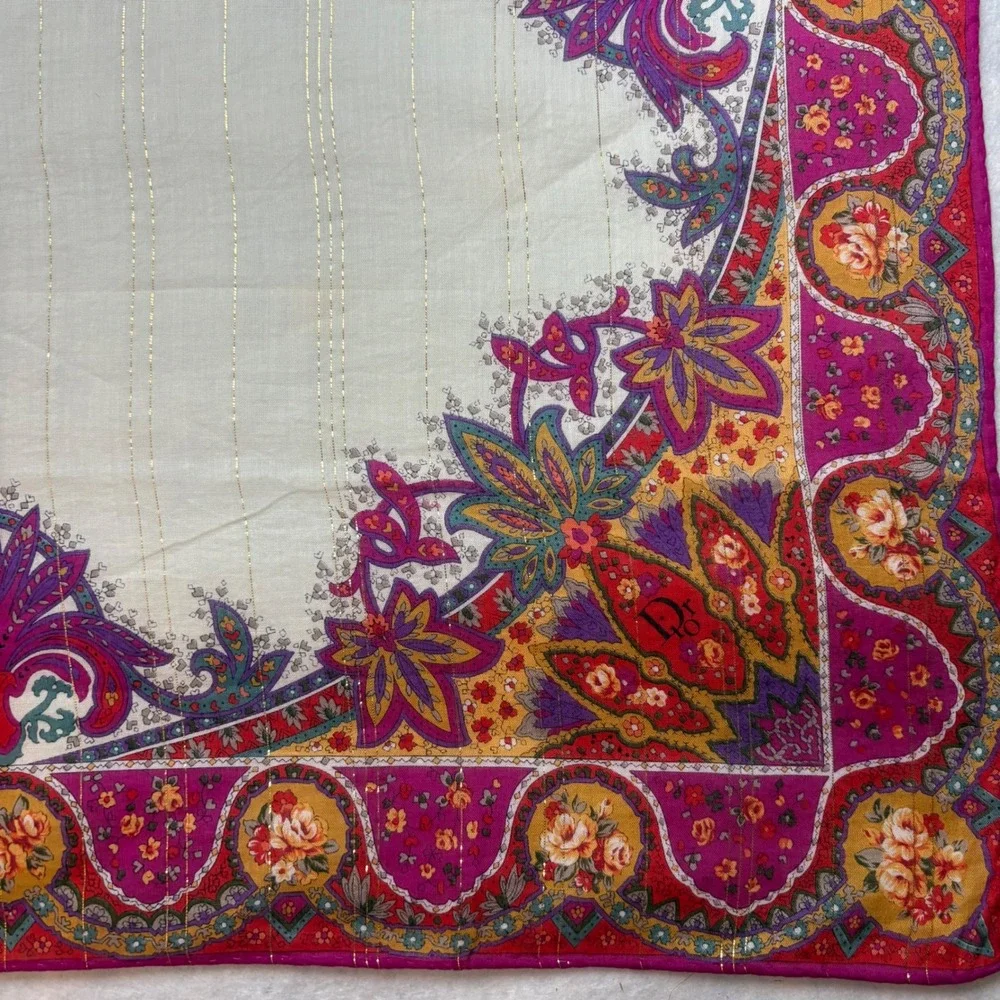VTG DIOR Scarf Handkerchief Floral Paisley Metallic Stripe Cotton Pink Cream 20